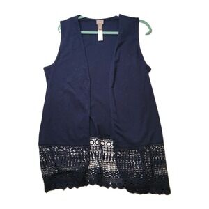 Chico's Navy Long Vest Topper W/Lace hem sleeveless Sz 1 Length Long 31" Boho